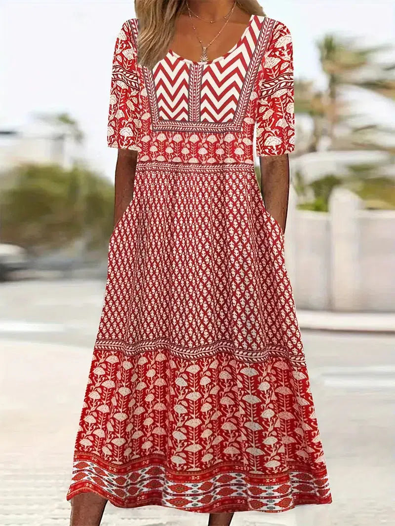 Celine - Auffälliges rotes Midikleid mit kurzen Ärmeln